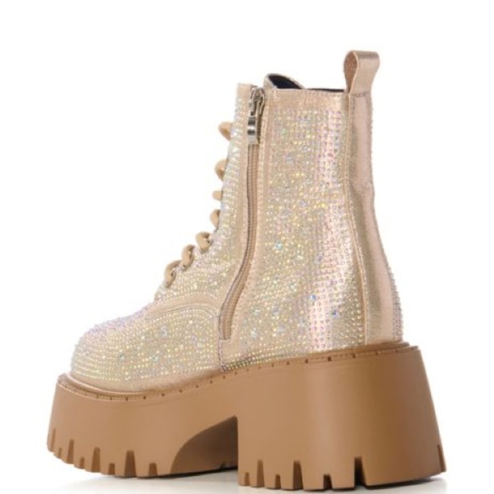 AZALEA WANG Gold Rhinestone Combat Booties - Picture 3 of 5